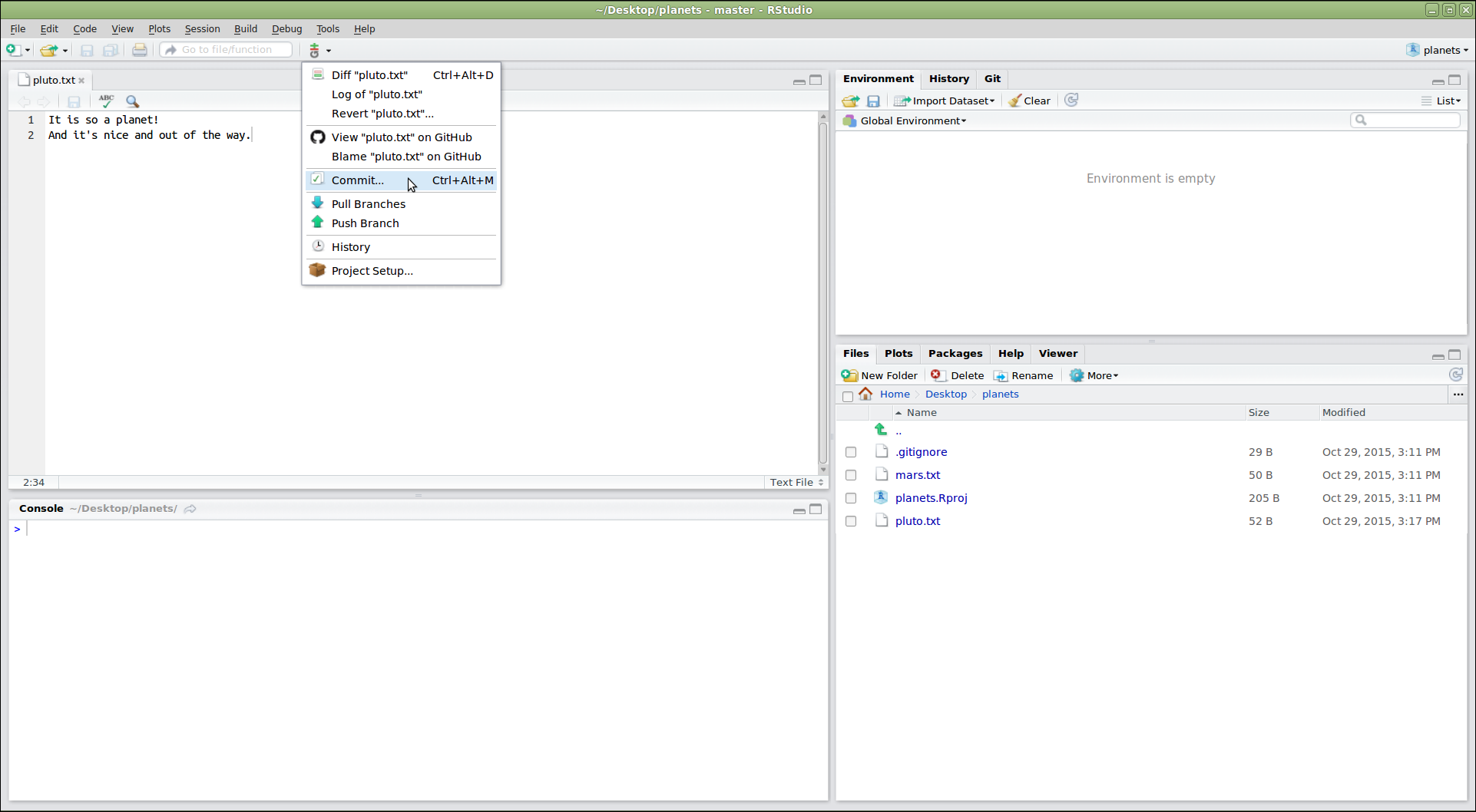 RStudio screenshot showing the Git menu dropdown with "Commit..." selected